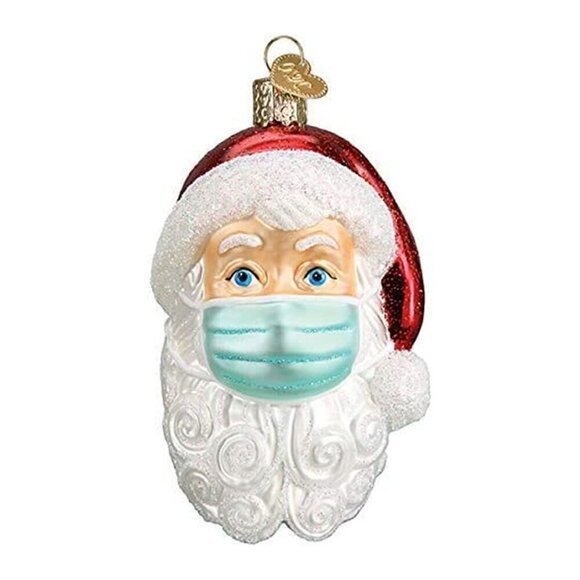 OLD WORLD CHRISTMAS Hand Blown Glass 2020 SANTA WITH FACE MASK Tree Ornament EUC - Picture 1 of 3